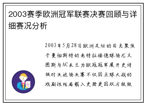 2003赛季欧洲冠军联赛决赛回顾与详细赛况分析
