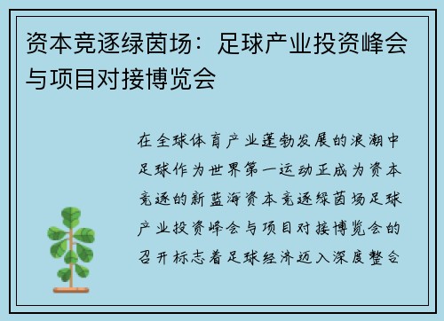 资本竞逐绿茵场：足球产业投资峰会与项目对接博览会