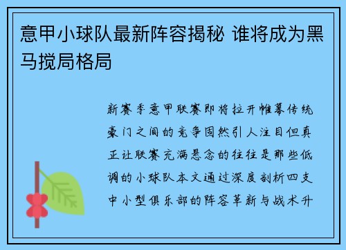 意甲小球队最新阵容揭秘 谁将成为黑马搅局格局