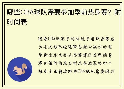 哪些CBA球队需要参加季前热身赛？附时间表